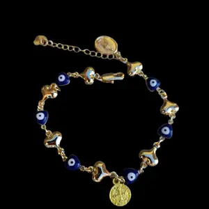 Blue ojo turco heart, Virgen de Guadalupe, San Benito gold plated bracelet