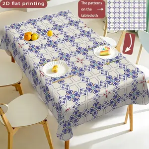 Blue Floral Brick Pattern Tablecloth, Polyester Washable, Kitchen Dining Outdoor Picnic Garden Party Decor