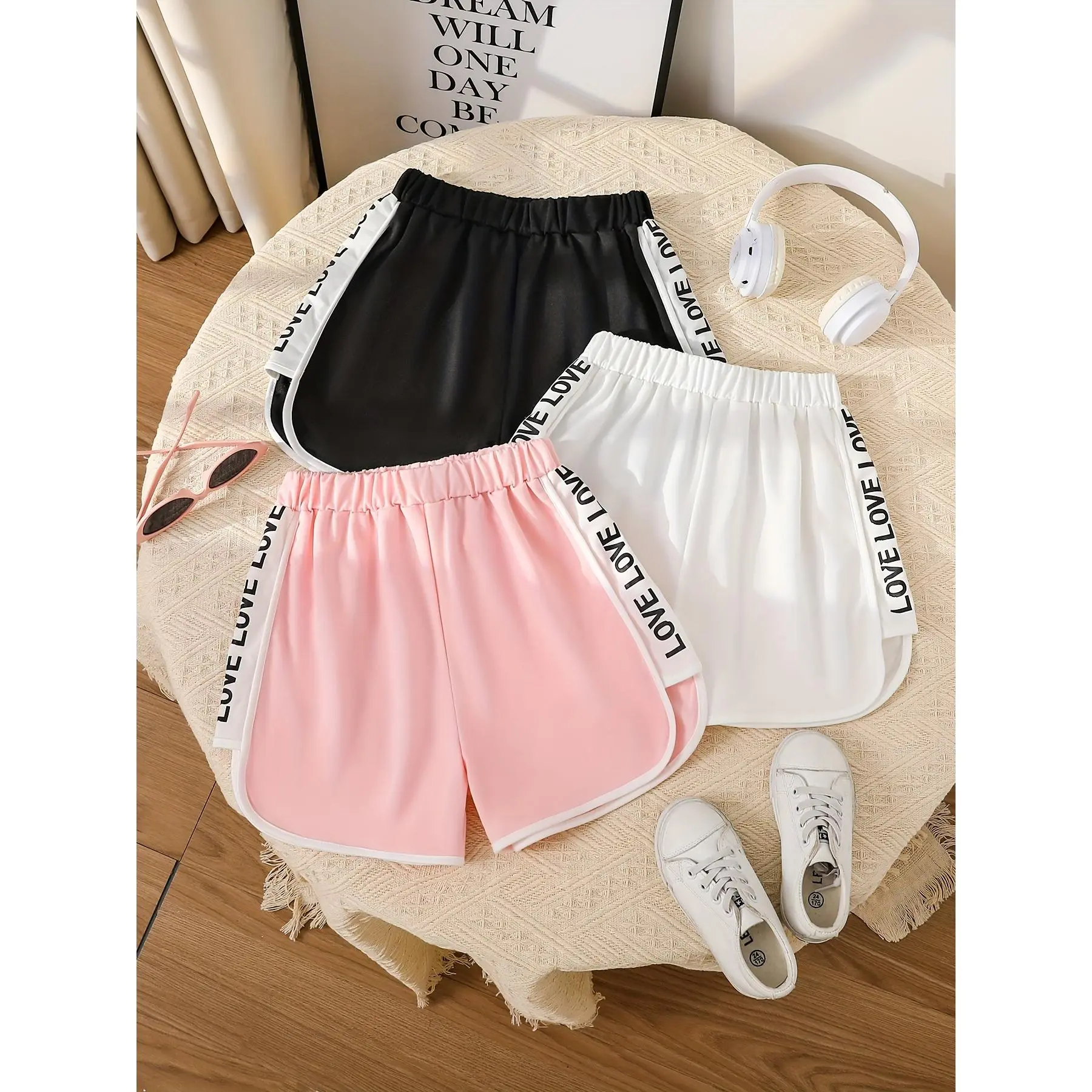 Girls' 3pcs Fitted 100% Polyester Short Skirts - "LOVE" Alphabet Print, Love Theme, Unlined, for 11-12Y/13-14Y Kids' Fashion Clothing