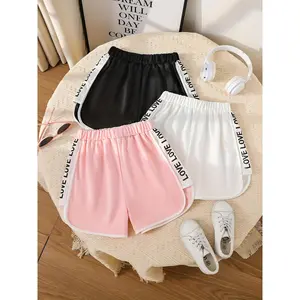 3pcs Girls' Summer Fashion "LOVE" Print Elastic Waist Athletic Shorts Set - Breathable & Comfortable Polyester, Perfect for Outdoor Activities & Casual Wear in Black, Pink, White, Perfect for Outdoor