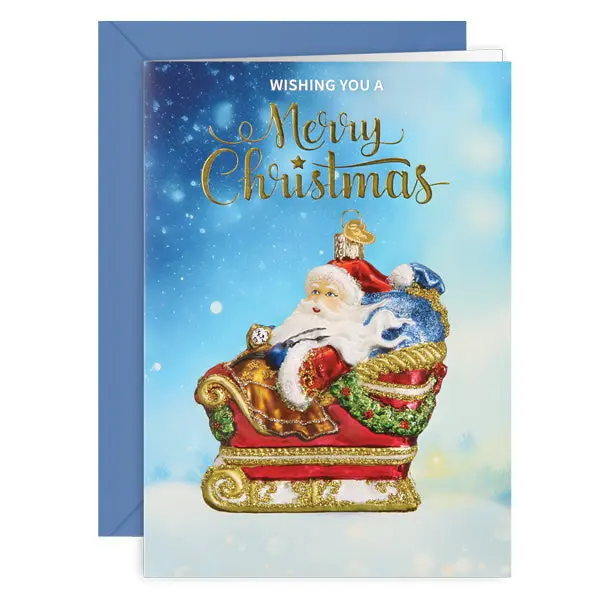 Santa In Sleigh Holiday Christmas Card, Embossed Glitter Office Stationery Greetings Card, Back Panel