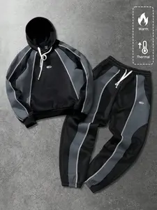Winter Fleece Hoodie Set, Colorblock Design, Warm & Non-Bulky, Loose Fit, Perfect for Daily Wear, Sports, Street Style