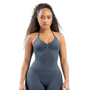 with logo | dfyne Backless Halter Yoga Set for Women Seamless Sports Bra and High Waist Shorts Gym Set