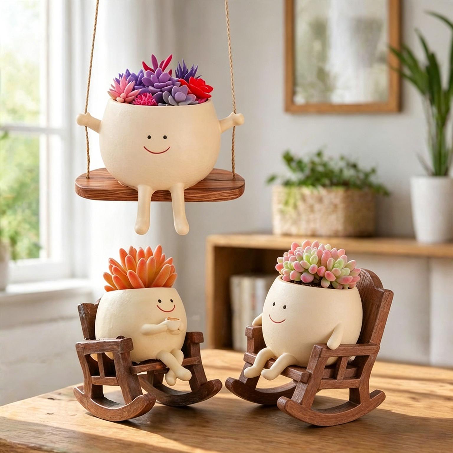 【SummerVibes】1pc/2pcs/3pcs Smily Face Rocking Chair Planter Pots with Drainage Hole, Cute Resin Flower Head Succulent Planters for Indoor Plants, Gift IdeaI for Mother Birthday Christmas