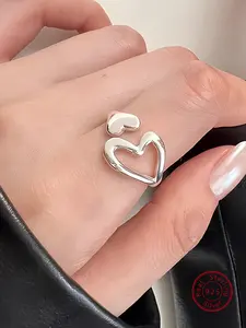 925 Sterling Silver Hollow Out Heart Design Cuff Ring, Heart Shaped Ring, Fashion Open Adjustable Ring Jewelry for Party, Daily Clothing Decor, Trendy All-match & Exquisite Jewelry for Birthday Gift, Heart Cluster Ring