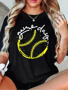 Women'S Softball Game Day T-Shirt - Softball & Softball Text Graphic with Number 22 Design, Casual Round Neck Short Sleeve, All-Season Fit, Team Spirit Apparel for Players & Fans (Black, Grey, White, Dark Red) - Softball-Themed Party Outfit