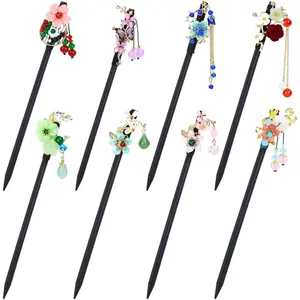 Set of 8 Traditional Chinese Hairpin Set - 7" Wooden Hair Sticks with Floral Butterfly Bead Pendants,Elegant Bun Updo Accessories for Women,Perfect for Weddings Formal Events