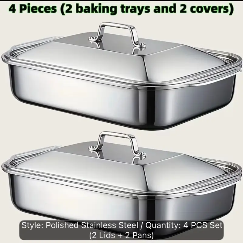 [Stainless Steel Serving Trays] Extra Large Heavy Duty Stainless Steel Serving Tray Set With Lids 2/4/6/8 Pack, Nonstick Deep Stainless Steel Serving Plates For Turkey Chicken Fish Meat, Serving Trays For Bread Cake Lasagna Vegetables, Durable Thick Recta