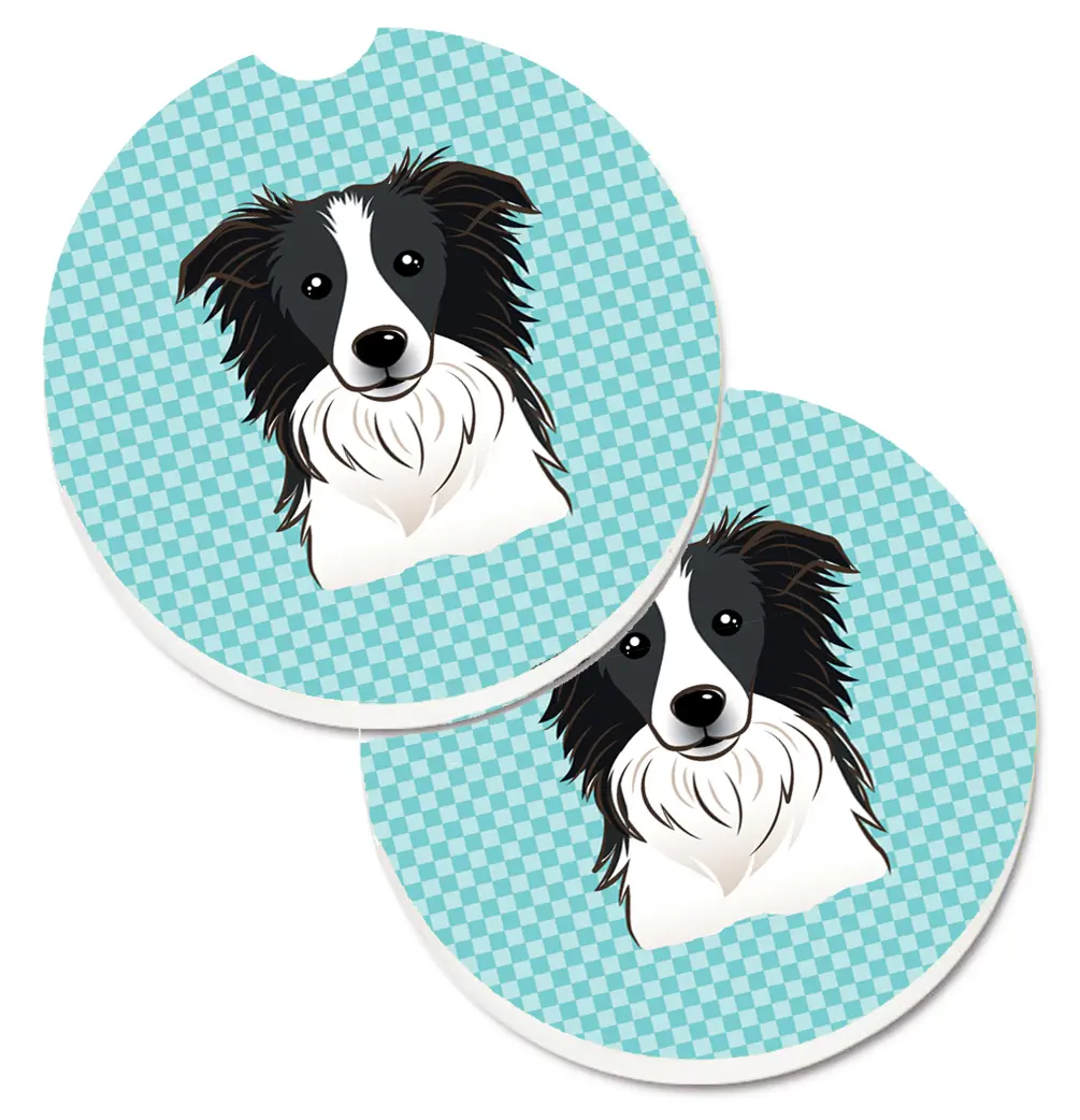 Checkerboard Blue Border Collie Car Cup Holder Coasters, 2-Pack Checkered Colorful Absorbent Sandstone Mats, Cut Out for Easy Removal, Keeps Water From Making Mess