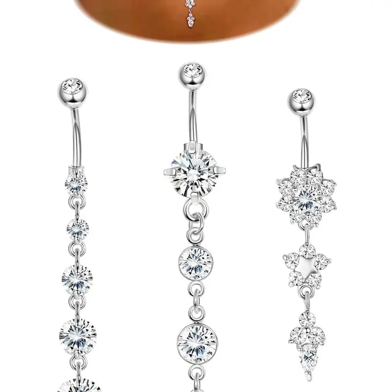 3-6Pcs 14G 316L Stainless Steel Belly Button Rings for Women Flower CZ Dangle Belly Button Rings Navel Piercing Jewelry Body Jewelry Belly Piercings