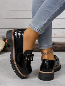 Women's PU Loafers Spring Fall New Style, Metal Buckle Thick Sole Platform Shoes, Vintage British Leather Casual Footwear
