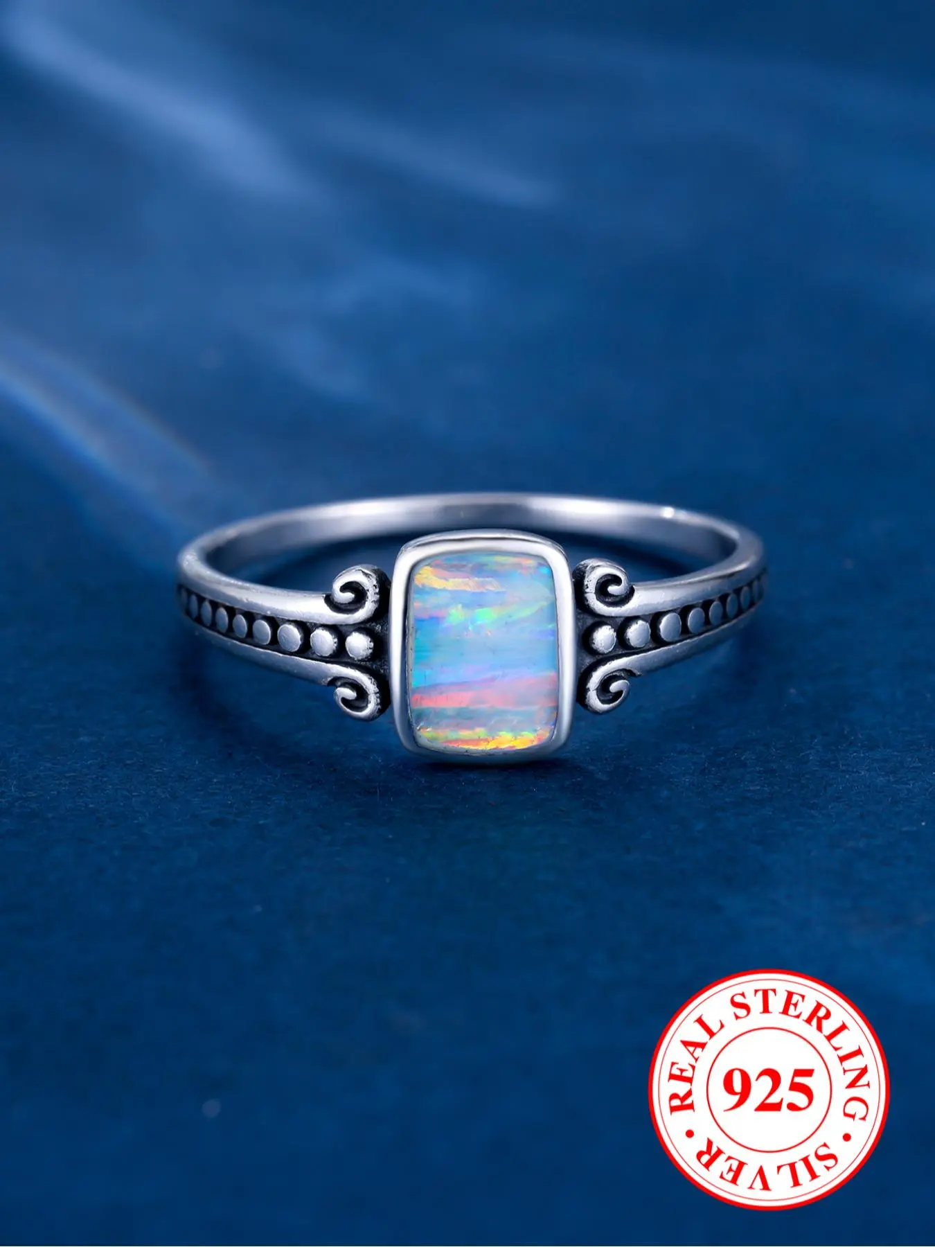 S925 Sterling Silver Fashion Oval Shaped Artificial Opal Decor Ring, Vintage Style Ring for Women & Men, Trendy All-match & Exquisite Jewelry for Birthday Gift, Twilight Ring, Aurora Ring, Unique Rings, Statement Rings