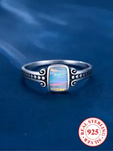 S925 Sterling Silver Fashion Oval Shaped Artificial Opal Decor Ring, Vintage Style Ring for Women & Men, Trendy All-match & Exquisite Jewelry for Birthday Gift, Twilight Ring