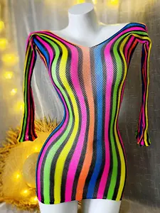 1PC Women Sexy Long Sleeves High-Stretch Cover Up Without Bikini Rainbow Halter Swimsuit Hollow Out Bodycon Dress Beachwear Summer Women's Swimwear Swimsuit Cover Ups