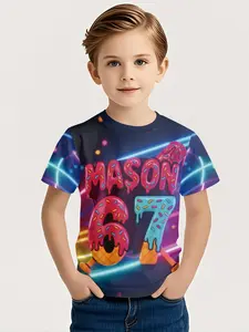 Neon Donut 67 Digital Print T-Shirt, 100% Polyester, Fashion Casual Kids Clothing, Perfect Gift for Boys, Outdoor Sports & Daily Wear