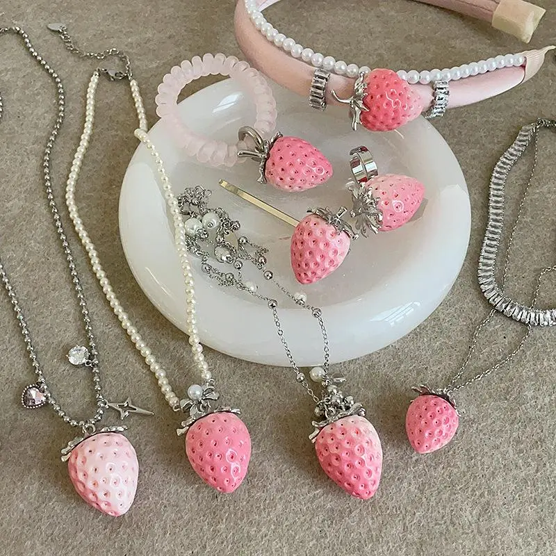Kawaii Pink Gradient Strawberry Jewelry Set, Delicate Necklace & Finger Ring, Aesthetic Sweet Girls Accessory