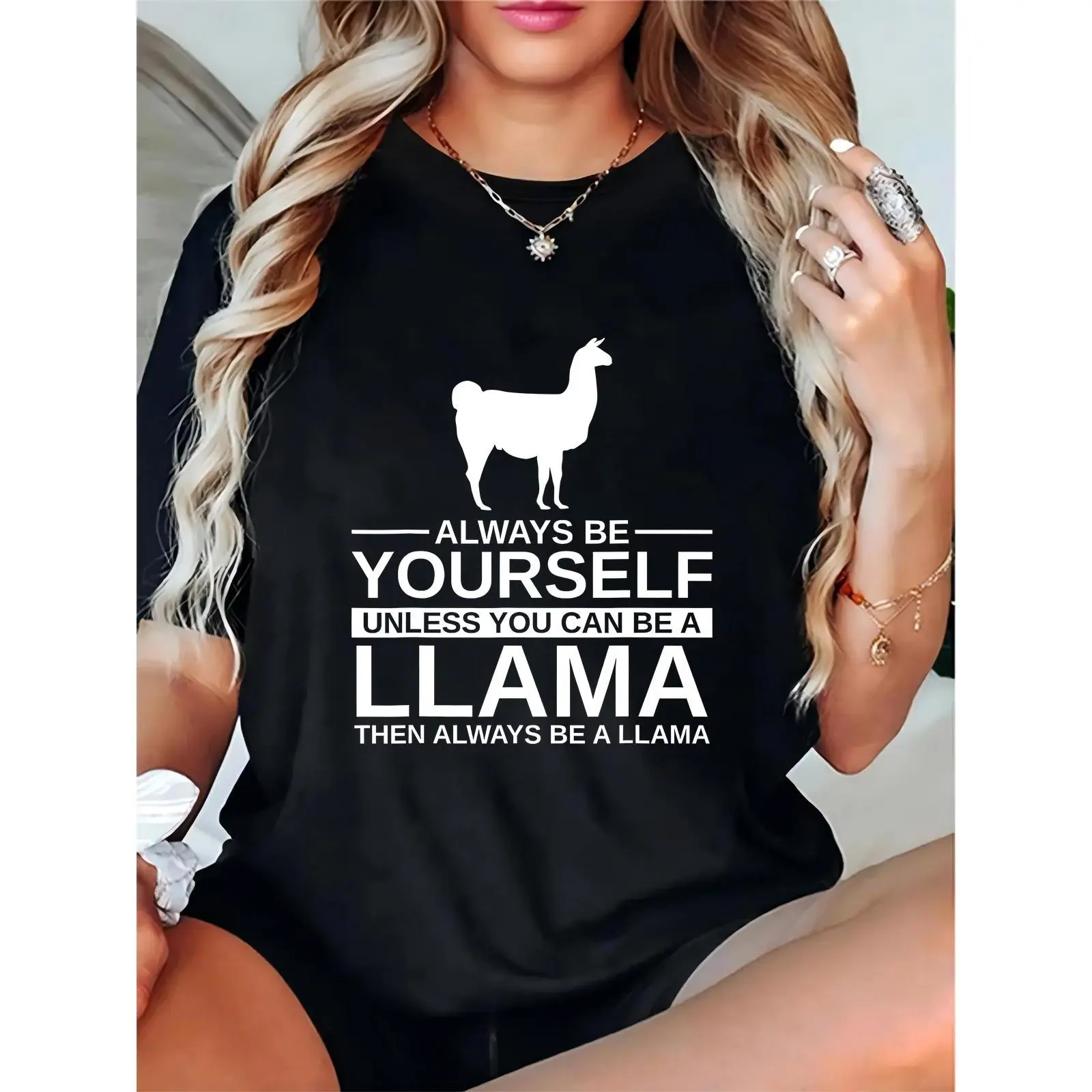 Women's Black Llama Graphic T-Shirt with Funny Quote "Always Be Yourself Unless You Can Be a Llama" – Casual Daily, Party, or Llama-Themed Occasions