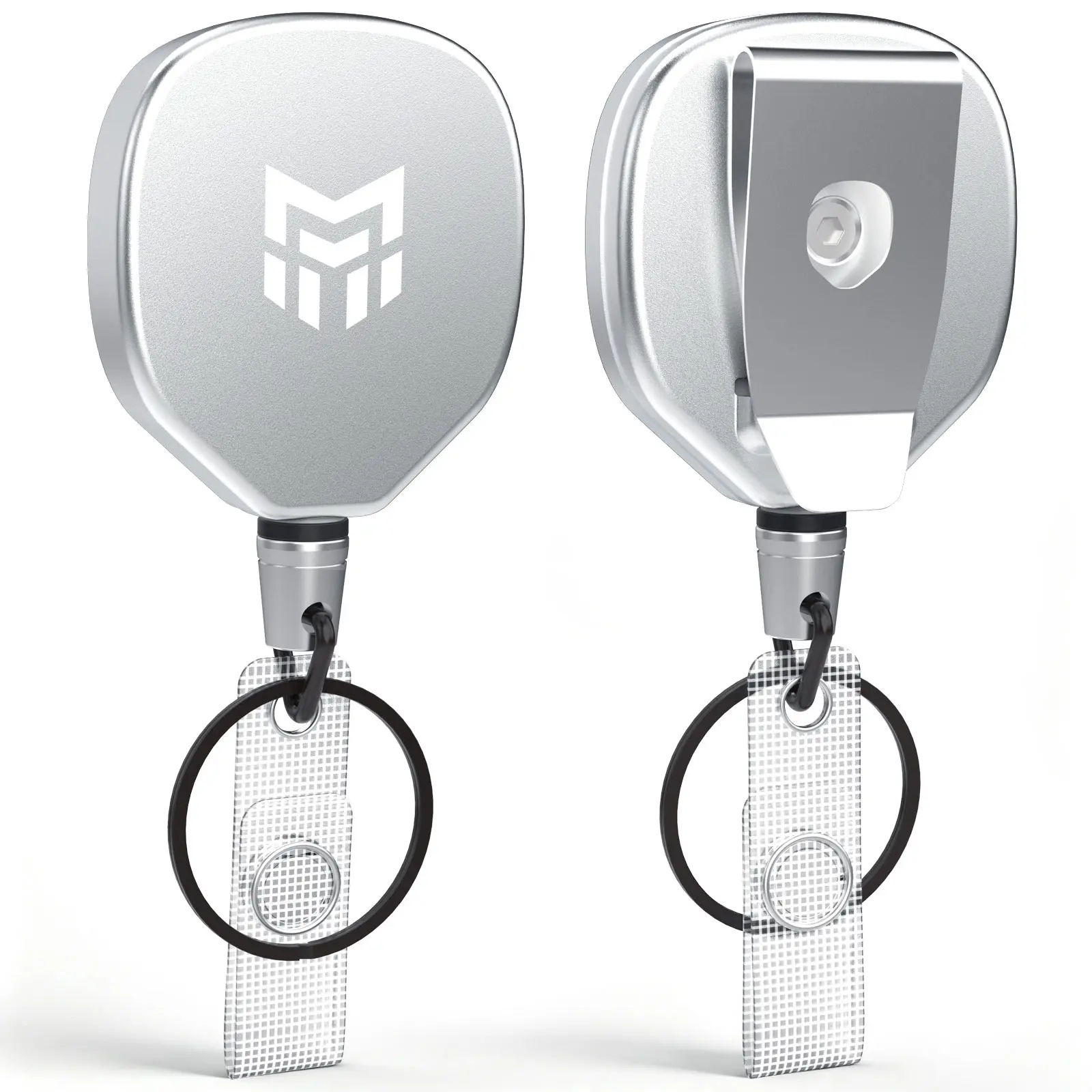 MNGARISTA Heavy Duty Retractable Badge Reel,Upgraded Retractable Keychain with Belt Clip, 8 OZ Retraction, 31.5" Stainless Steel Cord Key Chain, ID Badge Reel Holder with Badge Strap and Key Ring,Silver