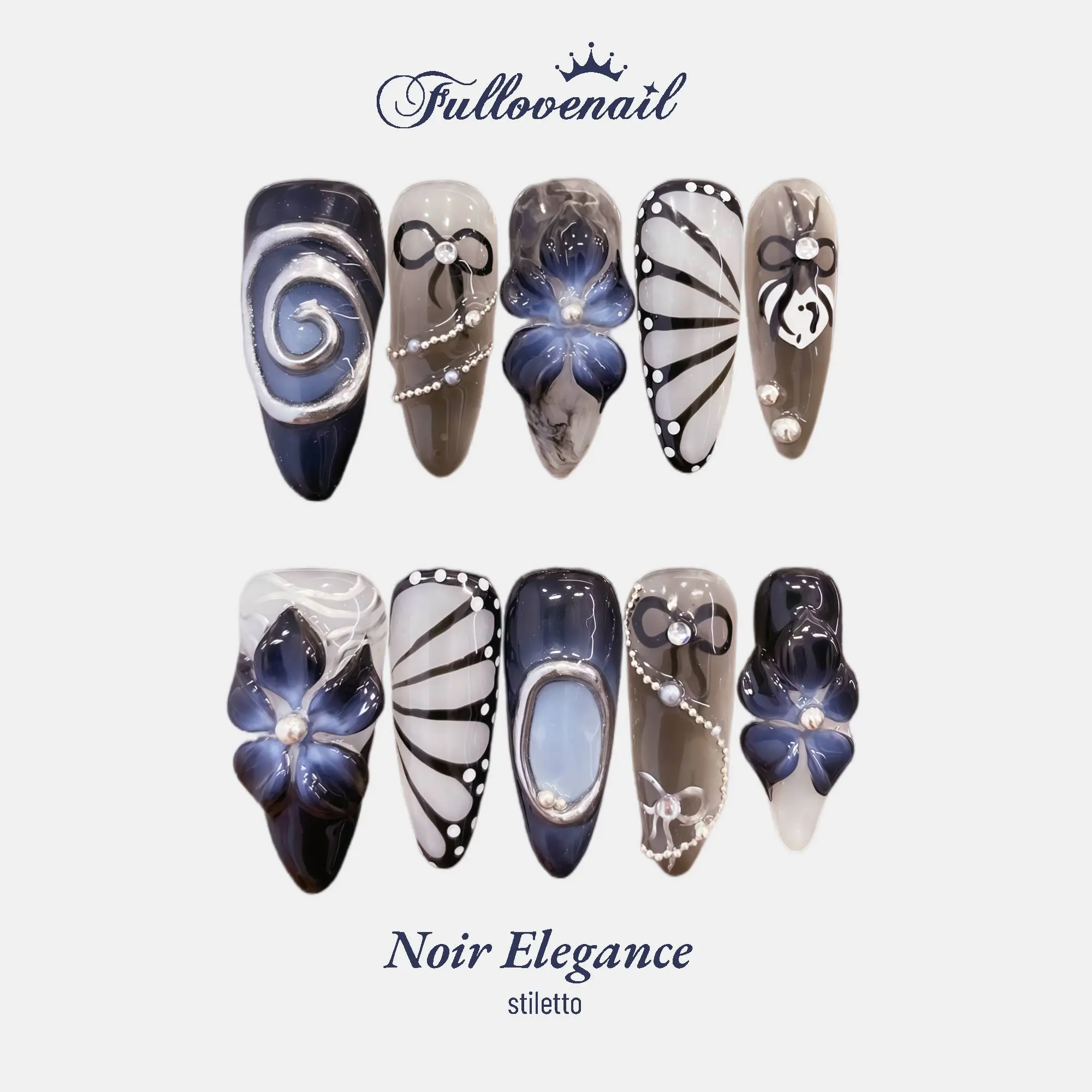 Fullovenail Stiletto Shaoe Noir Elegance 10 PCS Handmade Press on Nail REUSABLE 3D Gel Fake Nails Acylic Press on Nail/Summer 2025 reusable colorful art dreamy nail