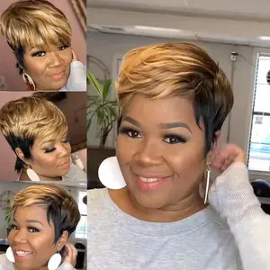 Ombre Pixie Cut Wig Human Hair Blonde Short Human Hair Wigs for Black Women Short Wigs Human Hair Natural Straight Short Hair Wigs Pixie Wig with Neat Bang
