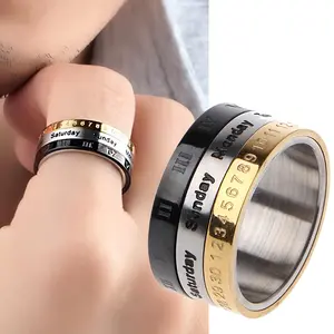 1 Pcs 304L Titanium Steel Punk Rotatable Date Time Calendar Ring, Roman Numeral Design – Black Gold Men Fidget Spinner Ring, Perfect for Daily Casual Wear & Holiday Gifting (Christmas, Thanksgiving, Carnival)
