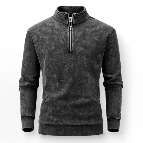 Men’s Y2K retro acid-wash stand-collar half-zip sweatshirt, washed for a distressed look, long sleeves, pullover athletic top with ribbed cuffs and hem, casual streetwear for autumn/winter