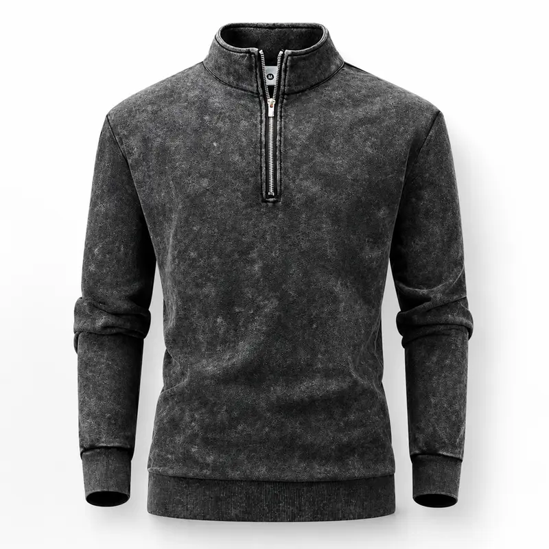 Men’s Y2K retro acid-wash stand-collar half-zip sweatshirt, washed for a distressed look, long sleeves, pullover athletic top with ribbed cuffs and hem, casual streetwear for autumn/winter