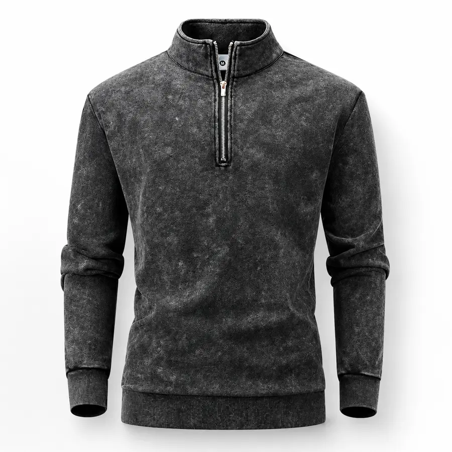 Men’s Y2K retro acid-wash stand-collar half-zip sweatshirt, washed for a distressed look, long sleeves, pullover athletic top with ribbed cuffs and hem, casual streetwear for autumn/winter