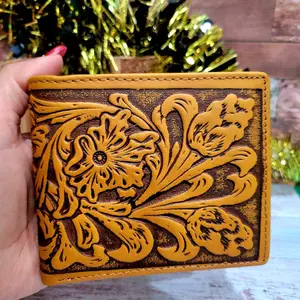 Montana West Tooled Wallet Floral Basketweave Bifold Genuine leather  Brown with zipper coin pocket