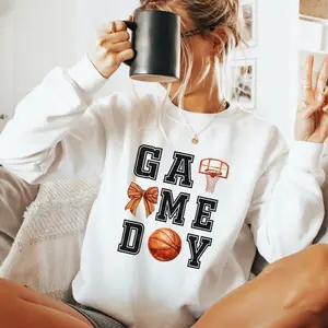 Game Day Basketball Bow Sweatshirt, Retro Sport Gift Sweater, Cozy Hoops Pullover for Her, Festive Net Crewneck, Made in USA