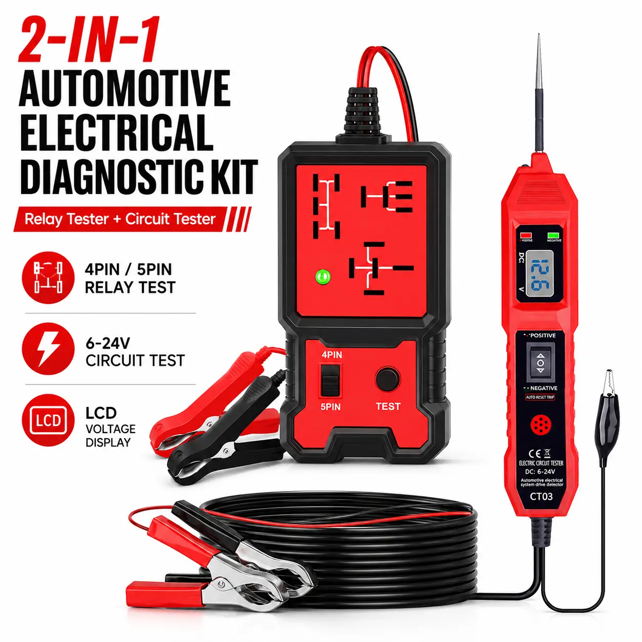 Automotive Relay Tester & Circuit Tester Kit, 4PIN/5PIN Relay Test Tool with 6–24V Digital Voltage Probe, Electrical Diagnostic Kit