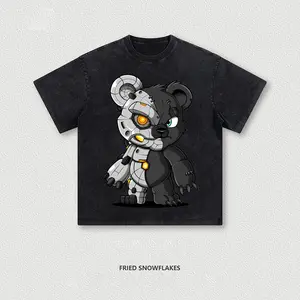Men's Heavyweight 230gsm 100% Cotton T-Shirts - Retro Washed Streetwear Loose Fit Round Neck Short Sleeve,  Half-Mechanical Panda Print ，Breathable All-Season Casual Tees in coffee brown，Light Grey & Black ，Blue Rose red & Green