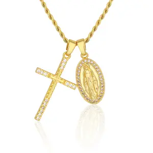 MYTYS 2 in 1 Virgin Mary & Jesus Pendant Necklace Religious Faith Inspired Cross Amulet Handmade Fashion Accessory for Women Men Gift Set