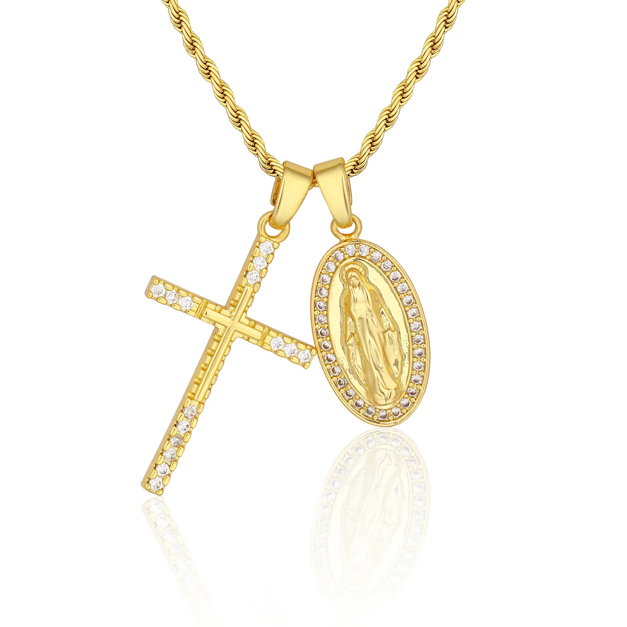 Mytys 2-Layering Virgin Mary and Jesus Pendant Necklace Religion Faith Inspired Outdoorfun Jewelry Gift for Women Men Cross Amulet