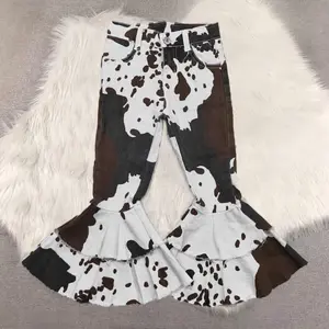 New Clothes Sibling Baby Girls Denim Ruffle Pants Cow Print High Waist Trousers for Kids