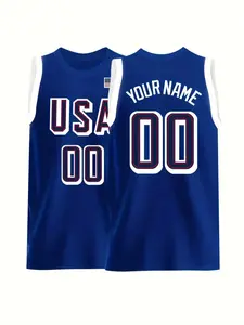 Custom men's basketball jersey, name and number printed, US flag design, blue, outdoor sports, leisure, casual wear