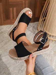 Rope Braided Thick Sole Wedge Heel High End Sandals, Women, Buckle Design, Easy On/off, Perfect for Jeans, Long Skirts, Shorts, Casual, Daily, Summer, Vacation