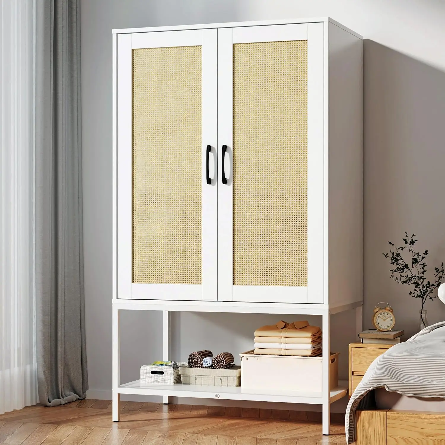 Wardrobe Closet, Wooden Closet Organizers with 2 Doors and Bottom Storage Shelf for Bedroom, Almirah for Clothes, Rattan Wardrobe Cabinet with Hanging Rail and Soft Hinge, Metal Leg