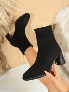 Women's Short Boots with Chunky Heels, Pointy Toe Boots, Pointed Toe, Suede Ankle Boots for Slim Legs, Suitable for Daily Parties and Events in Autumn and Winter