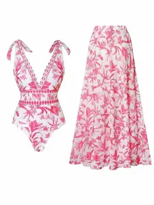 Women's V Neck BluePrint Bow Strap Non-Adjustable One-PieceSwimsuit and Matching Cover Skirt Set SummerSwimdress Swimming White Bathing Suit StylishBeachwear swimsuits 2026 women#TikTokShopStockUp #TikTokShopMothersDay
