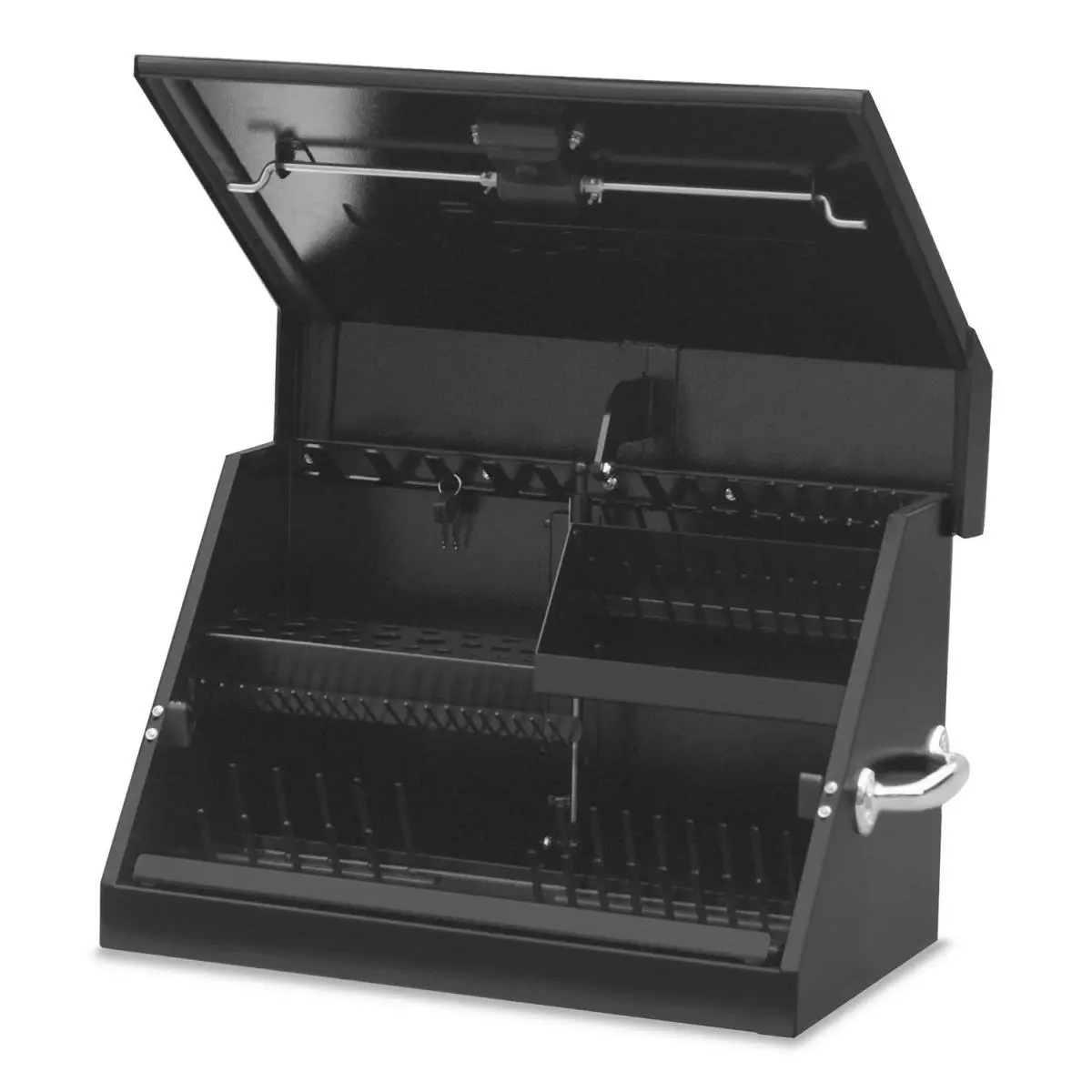 212 MAIN Montezuma SM200B Sturdy Heavy-Duty Powder Coated Aluminum Slant Top Workbench Tool Box, 23x14 in. Black Latch-Equipped Organizer Tool Holder for Garage Use, Long-Lasting Storage