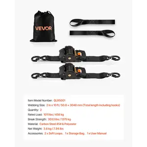 VEVOR Retractable Ratchet Straps, 2 inx 10 ft, Tie Down Straps with S Hooks, 3033 lbs Break Strength, 2 Soft Loops, Tie Down Ratcheting for Moving, Trailers, Motorcycles, Kayaks, Car Roof, 2 Pack