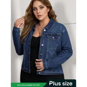 �� Plus Size�� Button Front Denim Jacket, Casual Fitted Basic Long Sleeve Outerwear for Women, Women's Plus Clothing for All Seasons, Longsleeves Womenswear, Coats, Casual Chic Outerwear, Casual Comfy Jacket