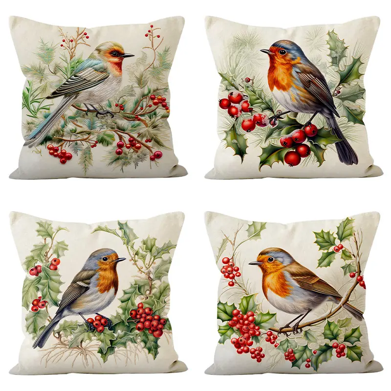 New Bird Pillowcase Linen Christmas Leaf Red Fruit Print Cushion Cover Home Holiday Sofa Cushion Cover
