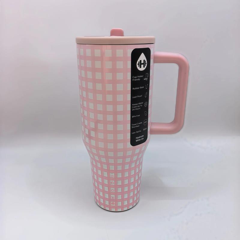 HydroJug 40oz Pink & White Plaid Insulated Water Bottle, Large Capacity Leak-Proof Travel Mug, Portable Thermal Cup for Car, Office, Sports & Outdoor Use spout handle Tumbler Personalized