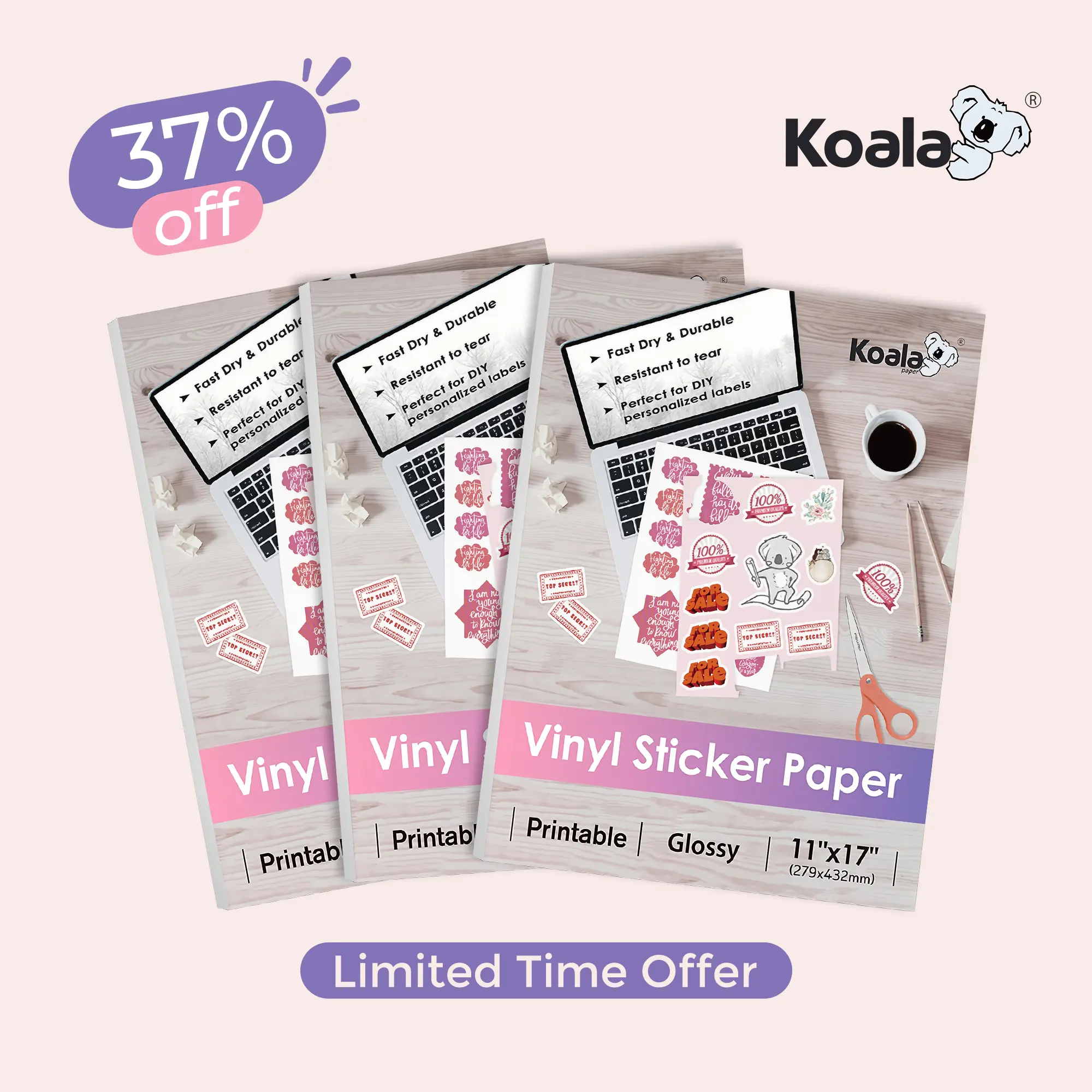Bulk Discount Koala Glossy Inkjet Sticker Paper, 3 Sets for DIY Crafts (Office Stationery & Supplies)
