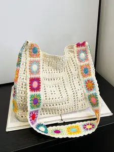 26 Spring/Summer Atmosphere Vacation Style Knitted Hollow Stylish Crossbody Tote Bag with Colorful Small Flower Decoration Design, Retro Leisure Versatile Large Capacity Shoulder Bag, Suitable for Outdoor Travel and Shopping