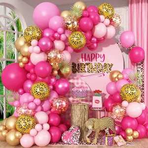 112PCS Hot Pink & Cheetah Print Balloon Arch Kit with Gold Balloons for Jungle Safari Party Decor