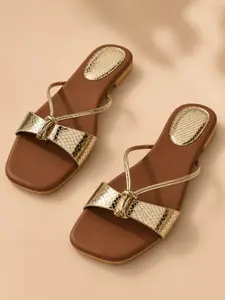 Women's Gold Snake Print Sandals, Square Toe, PU Leather, Rubber Sole, Casual Summer Footwear, Beach & Vacation Shoes