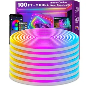 100Ft Neon Rope Lights with app/remote control. Flexible RGB LED lights, IP65 waterproof, music sync, perfect for gaming and bedroom decor!
